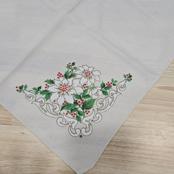 2 - Fabric Table Napkins Christmas Holly Berries Leaves White Poinsettia Flowers - Picture 9 of 15